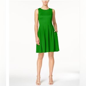 Calvin Klein Emerald Green Fit & Flare Pleated Dress with Pockets